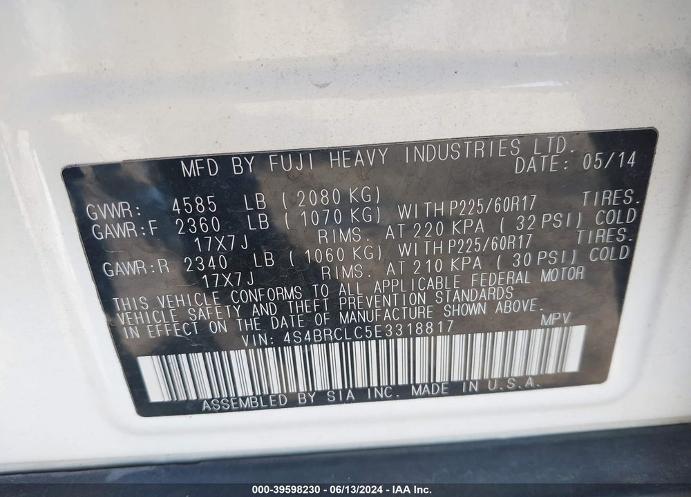 2014 SUBARU OUTBACK 2.5I LIMITED VIN: 4S4BRCLC5E3318817