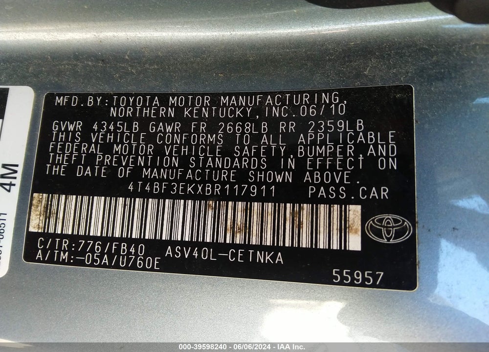 2011 TOYOTA CAMRY LE VIN: 4T4BF3EKXBR117911