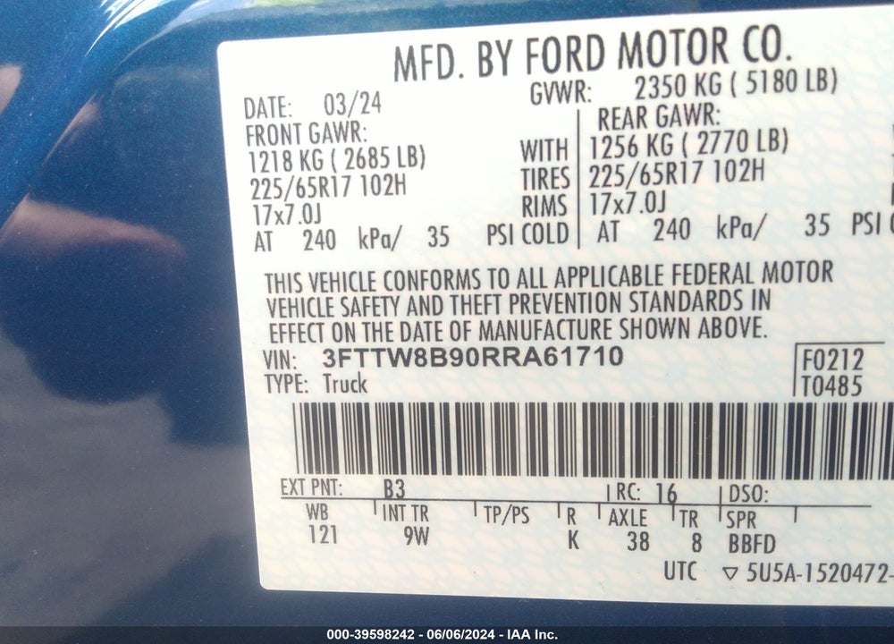 2024 FORD MAVERICK XL VIN: 3FTTW8B90RRA61710