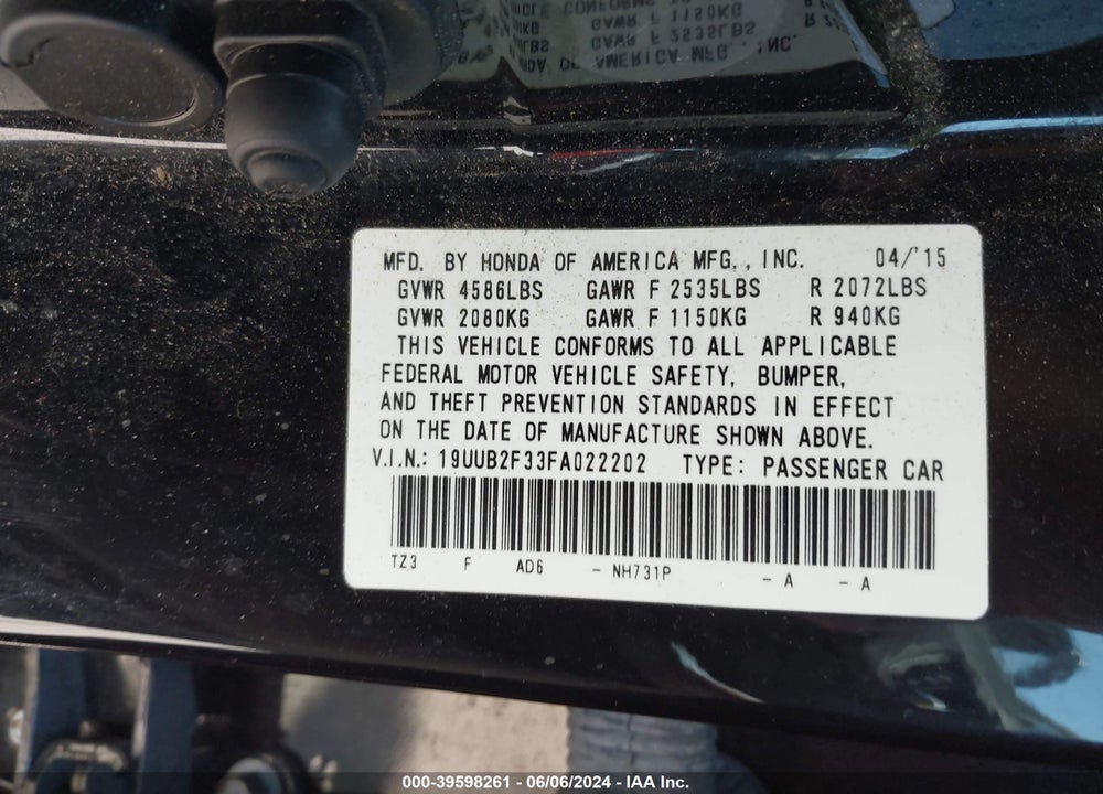 2015 ACURA TLX VIN: 19UUB2F33FA022202