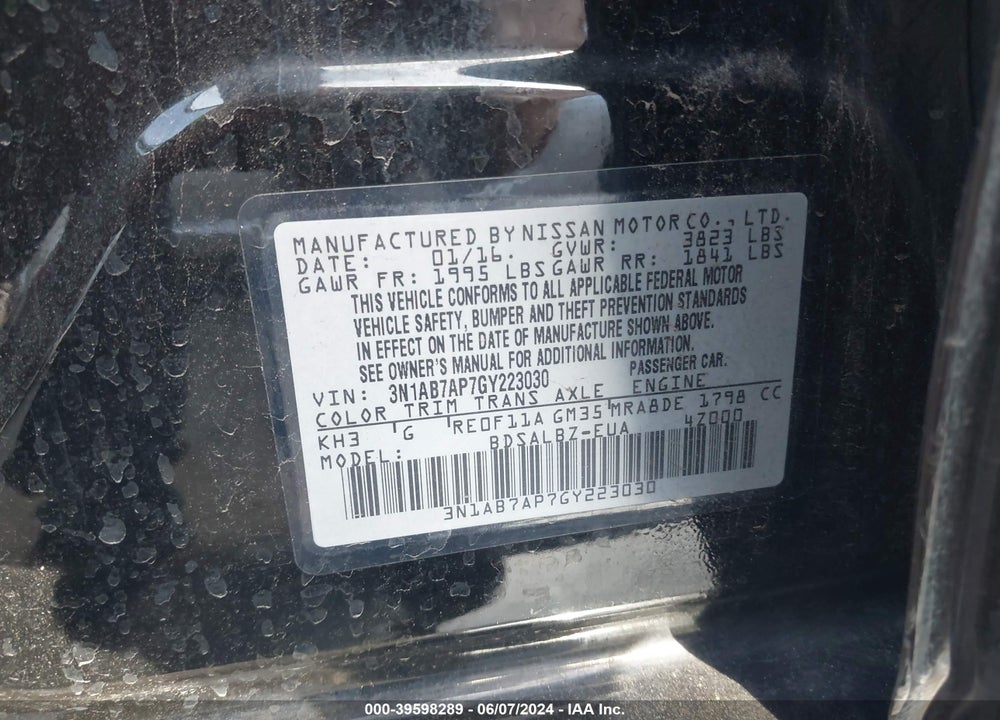2016 NISSAN SENTRA S VIN: 3N1AB7AP7GY223030