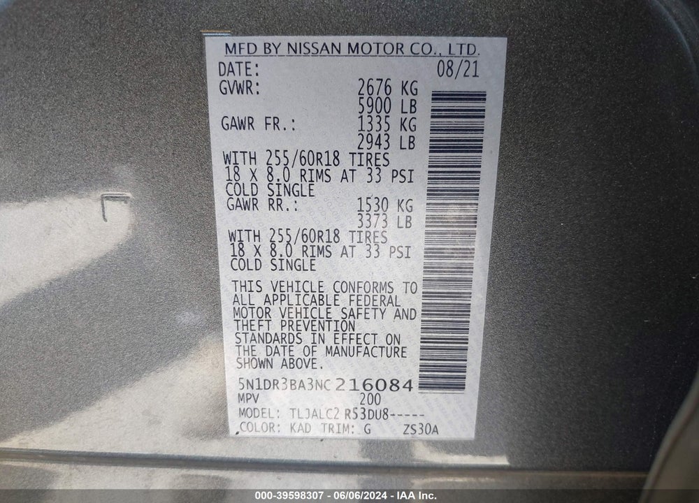 2022 NISSAN PATHFINDER SV 2WD VIN: 5N1DR3BA3NC216084