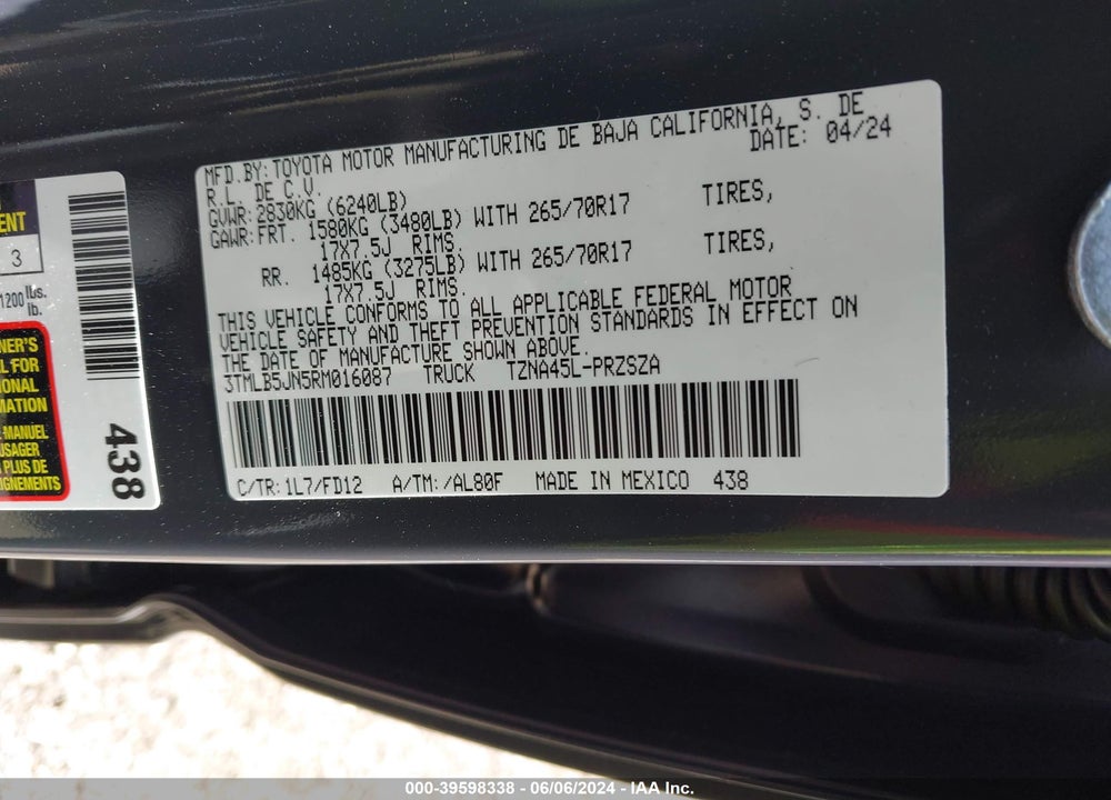 2024 TOYOTA TACOMA TRD OFF ROAD VIN: 3TMLB5JN5RM016087