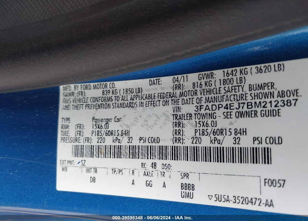 2011 FORD FIESTA SE VIN: 3FADP4EJ7BM212387