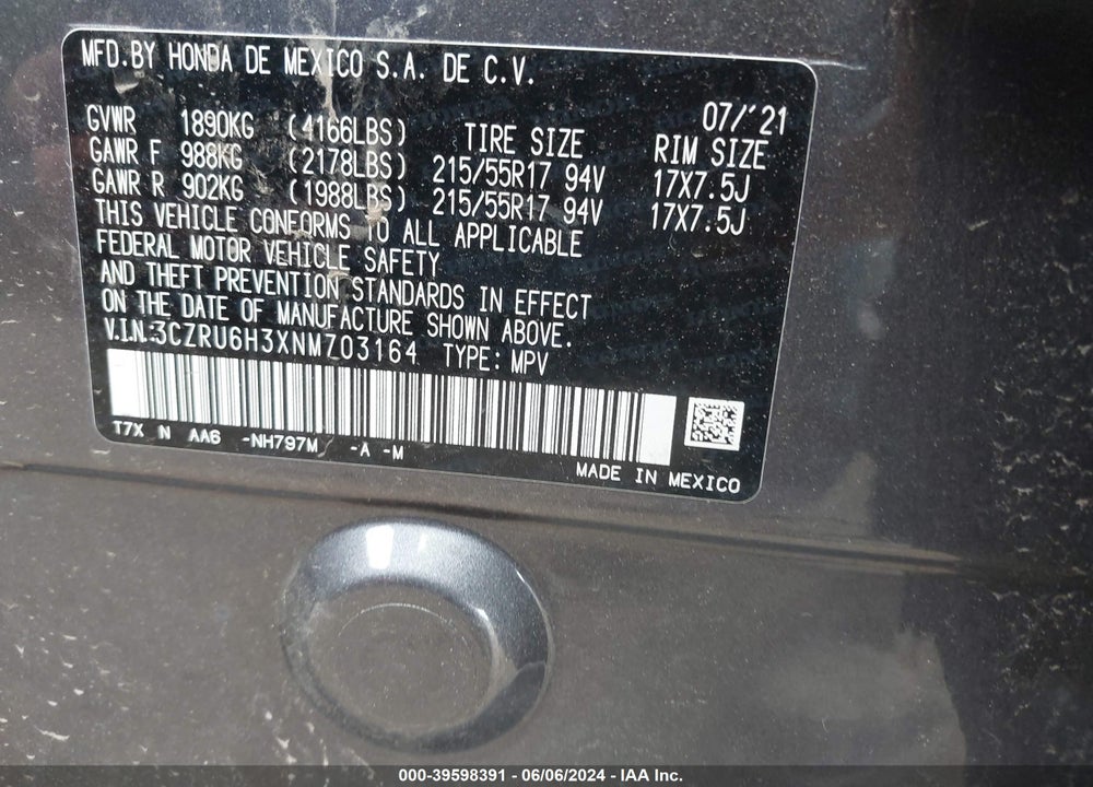2022 HONDA HR-V AWD LX VIN: 3CZRU6H3XNM703164