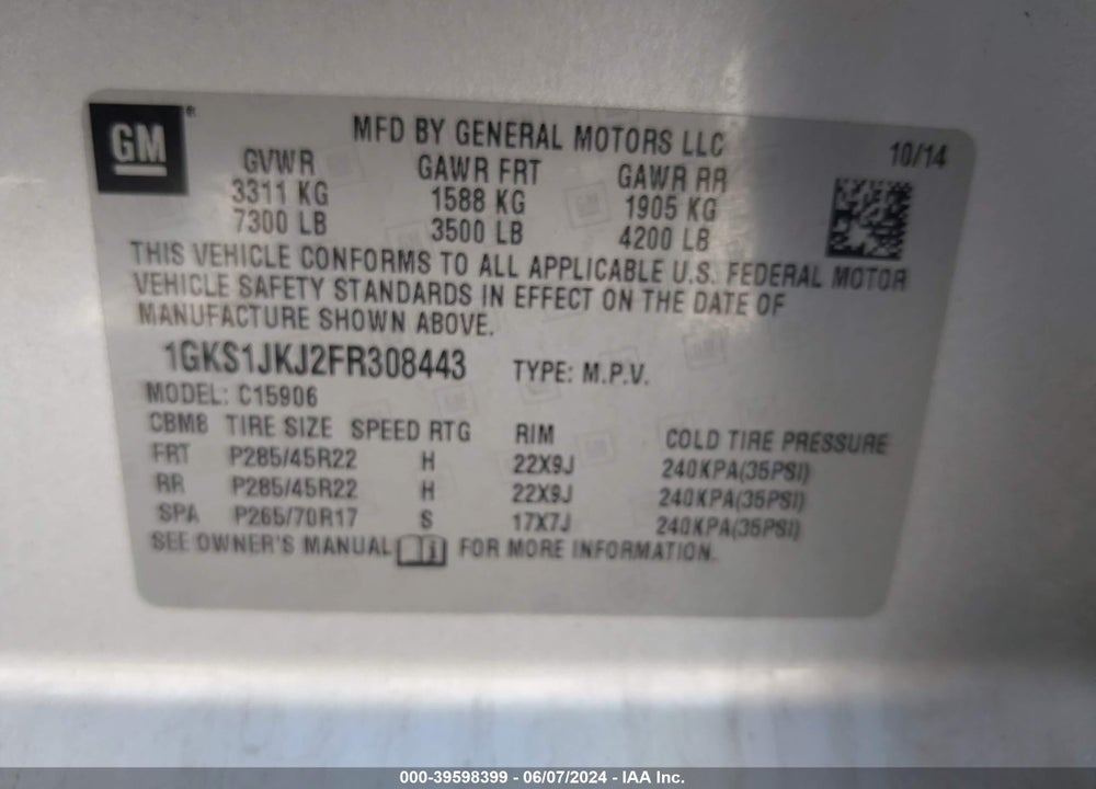 2015 GMC YUKON XL 1500 DENALI VIN: 1GKS1JKJ2FR308443