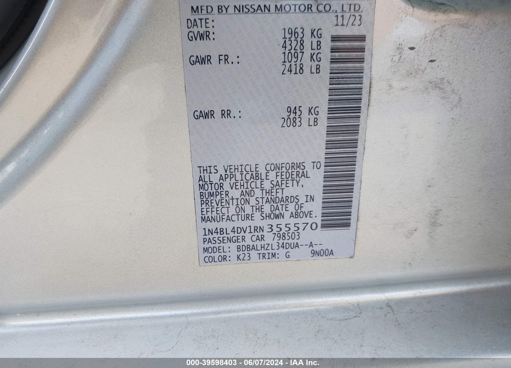 2024 NISSAN ALTIMA SV FWD VIN: 1N4BL4DV1RN355570