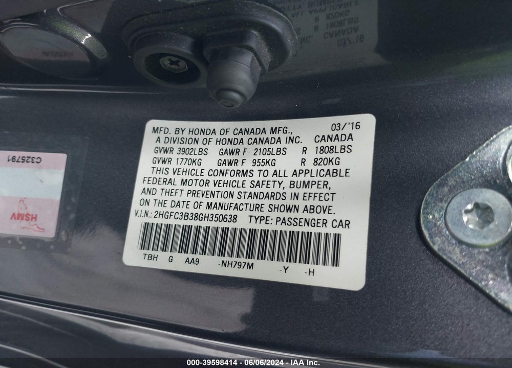 2016 HONDA CIVIC EX-T VIN: 2HGFC3B38GH350638