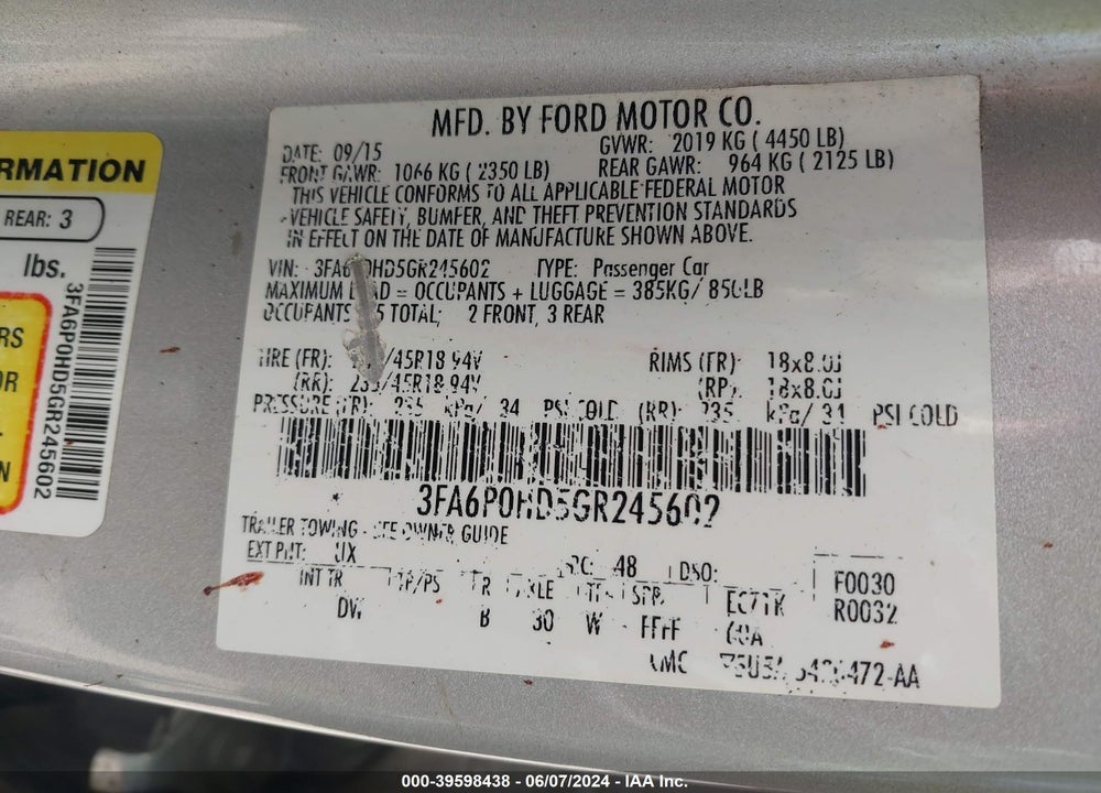 2016 FORD FUSION SE VIN: 3FA6P0HD5GR245602