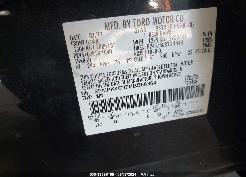 2017 FORD EDGE SE VIN: 2FMPK4G97HBB66364