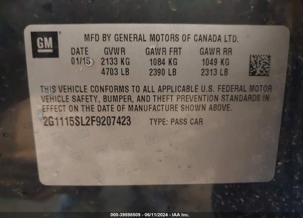 2015 CHEVROLET IMPALA 1LT VIN: 2G1115SL2F9207423