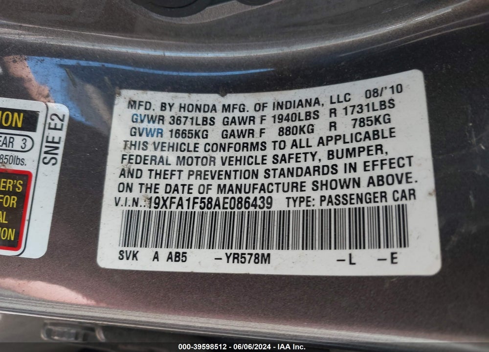 2010 HONDA CIVIC LX VIN: 19XFA1F58AE086439