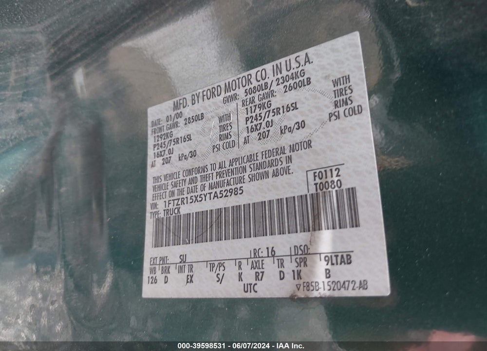 2000 FORD RANGER XLT VIN: 1FTZR15X5YTA52985