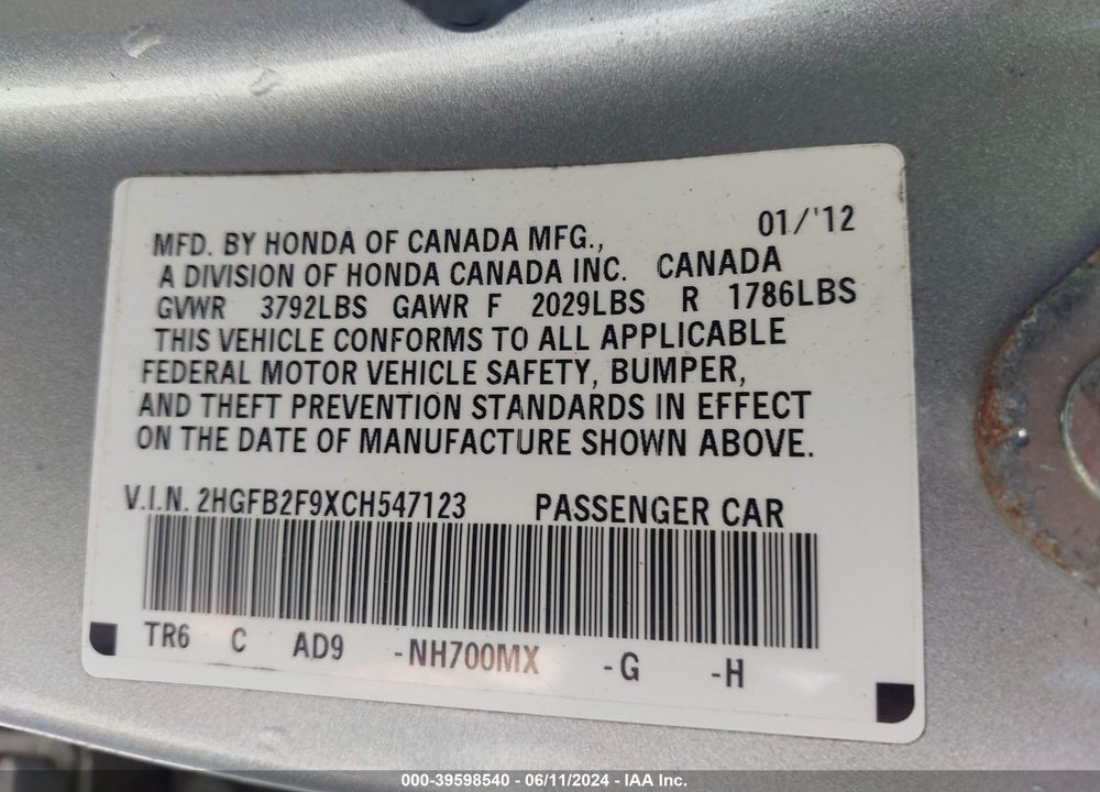 2012 HONDA CIVIC EX-L VIN: 2HGFB2F9XCH547123
