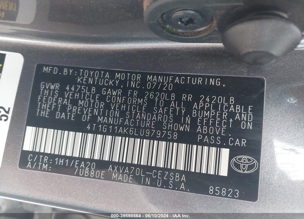 2020 TOYOTA CAMRY SE VIN: 4T1G11AK6LU979758