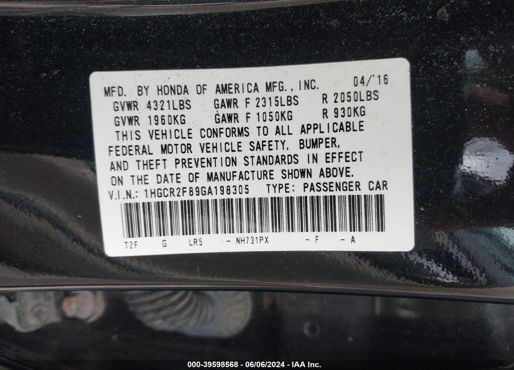 2016 HONDA ACCORD VIN: 1HGCR2F89GA198305