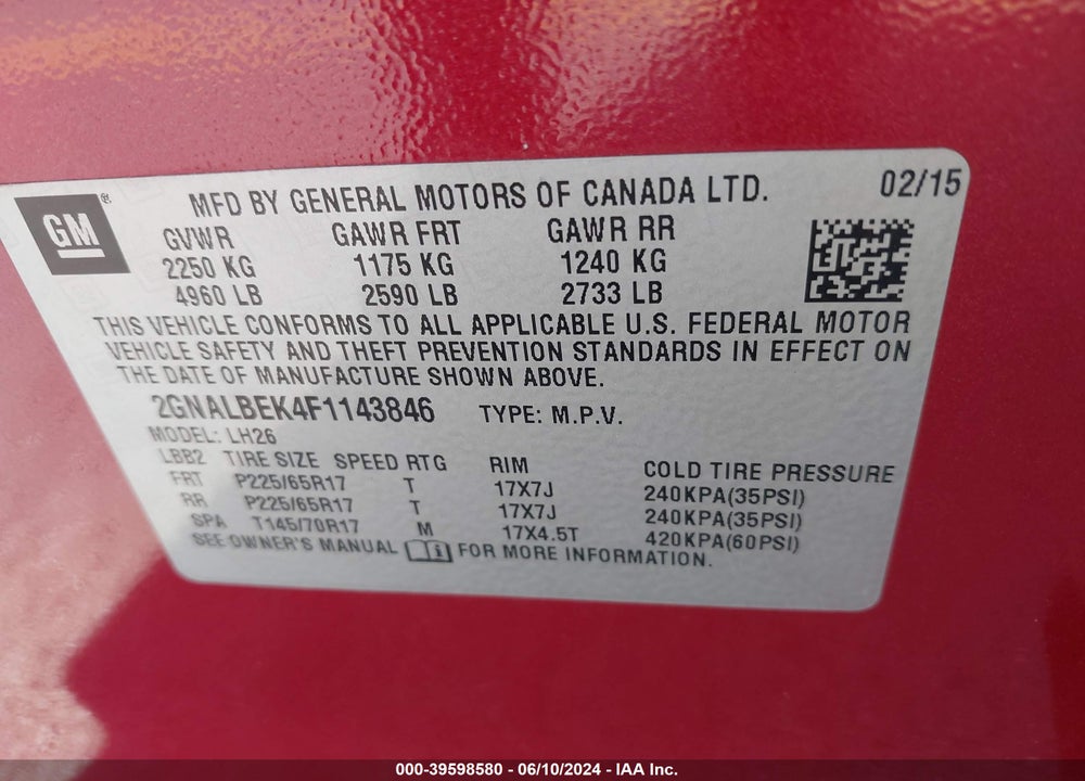 2015 CHEVROLET EQUINOX 1LT VIN: 2GNALBEK4F1143846