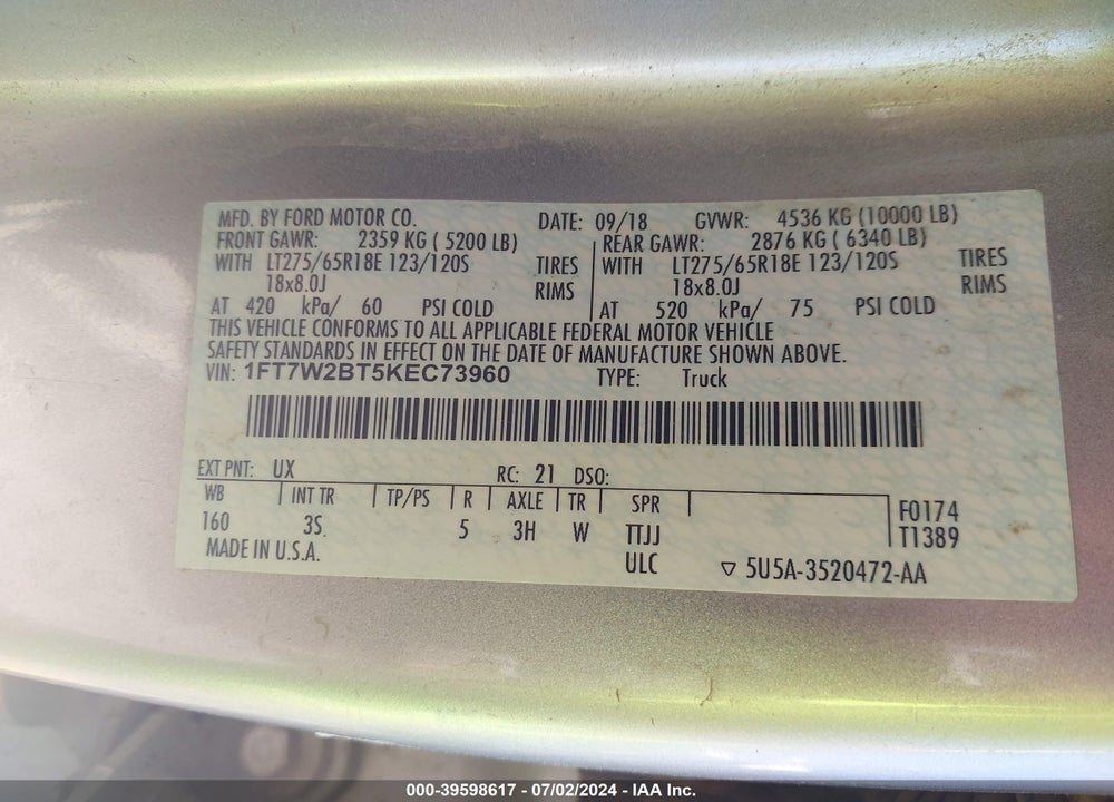 2019 FORD F-250 VIN: 1FT7W2BT5KEC73960