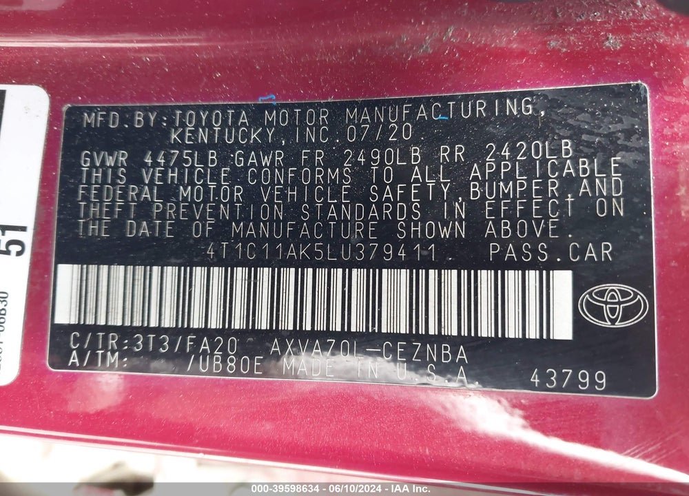 2020 TOYOTA CAMRY LE VIN: 4T1C11AK5LU379411