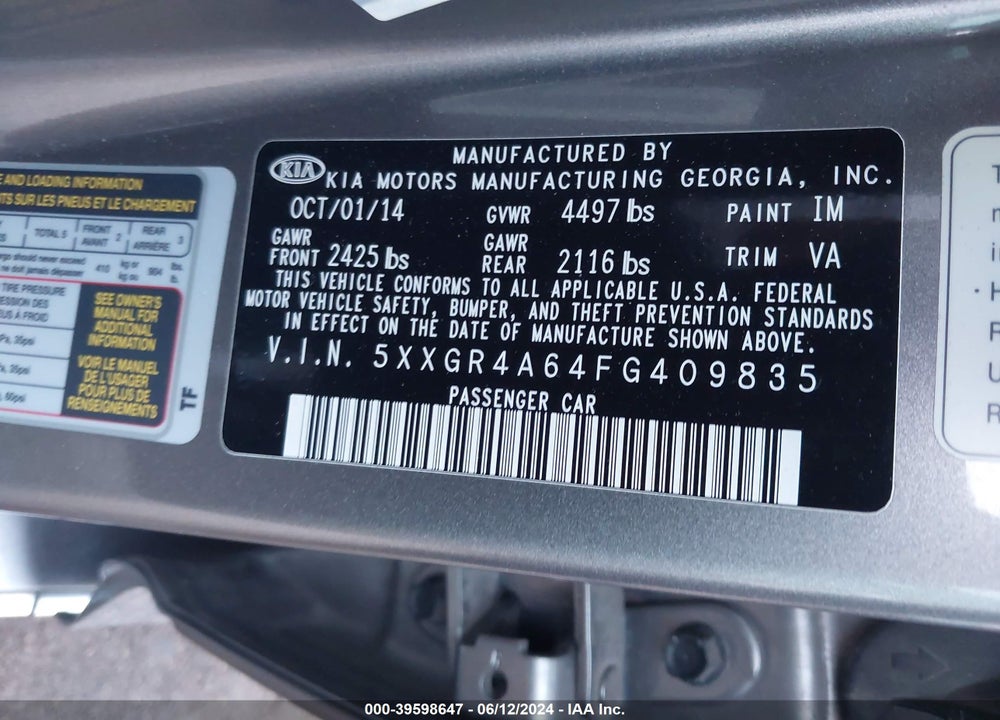 2015 KIA OPTIMA SXL TURBO VIN: 5XXGR4A64FG409835