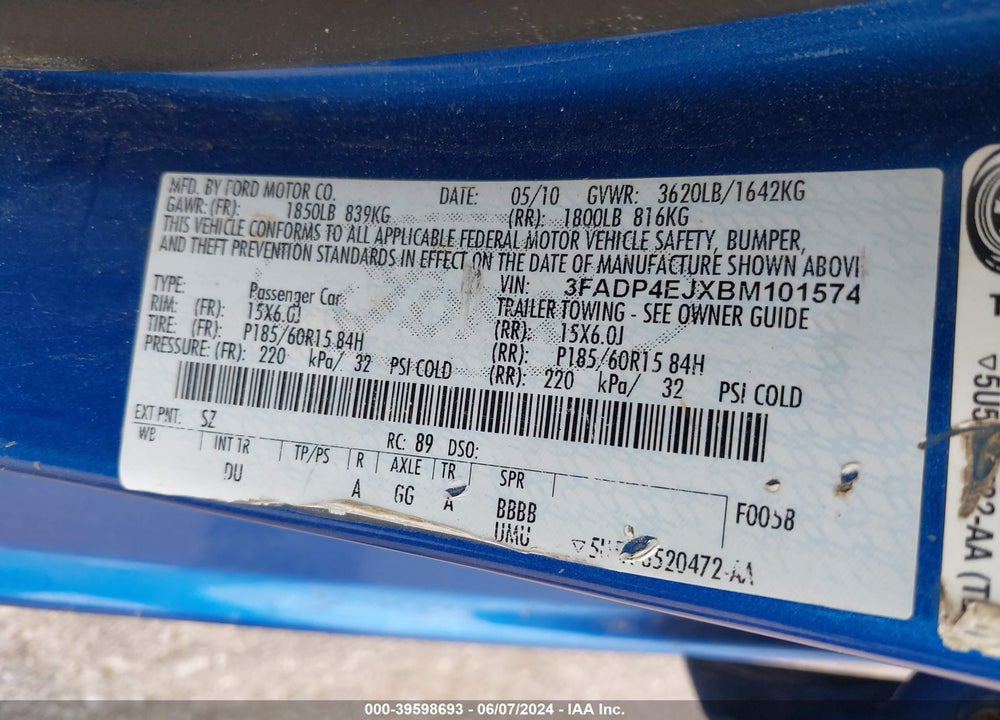 2011 FORD FIESTA VIN: 3FADP4EJXBM101574