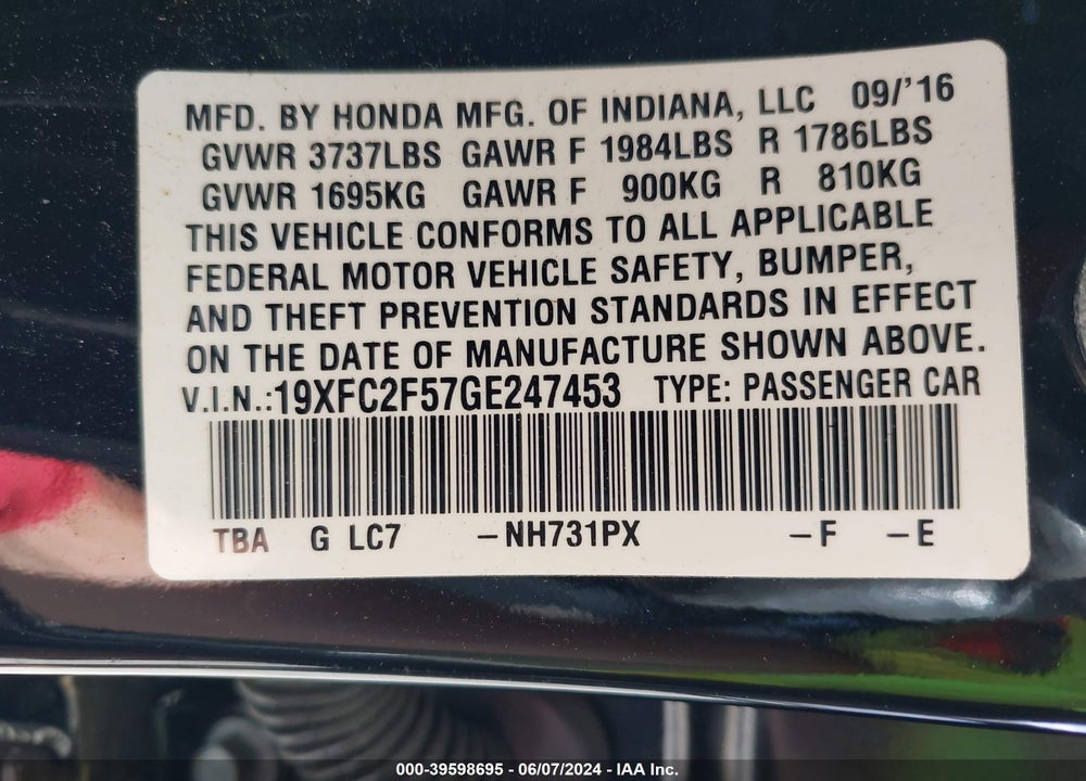 2016 HONDA CIVIC LX VIN: 19XFC2F57GE247453