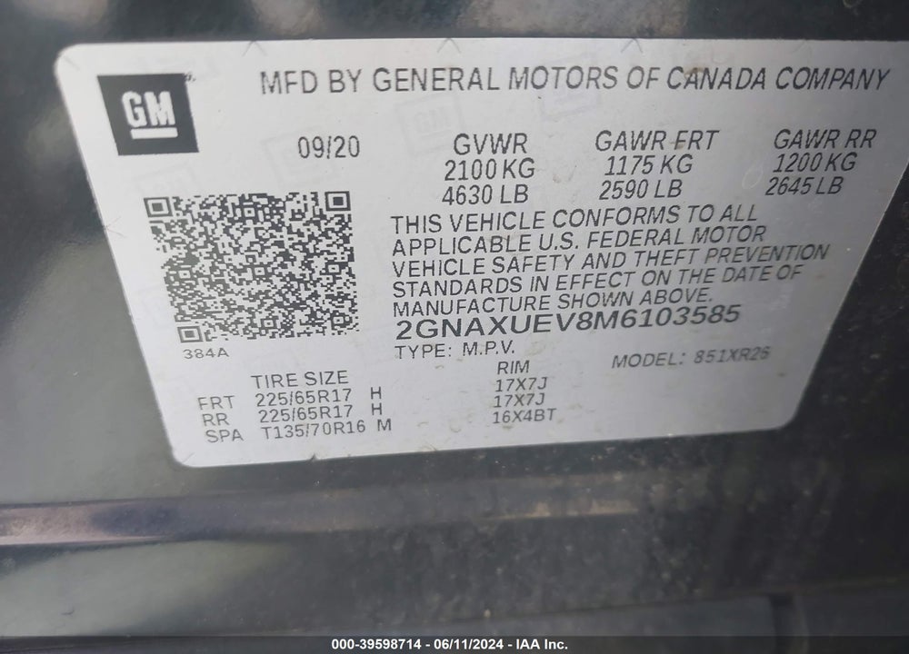 2021 CHEVROLET EQUINOX AWD LT VIN: 2GNAXUEV8M6103585