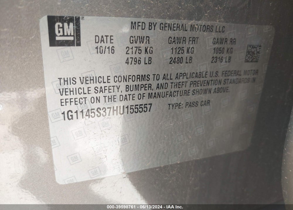 2017 CHEVROLET IMPALA 2LZ VIN: 1G1145S37HU155557