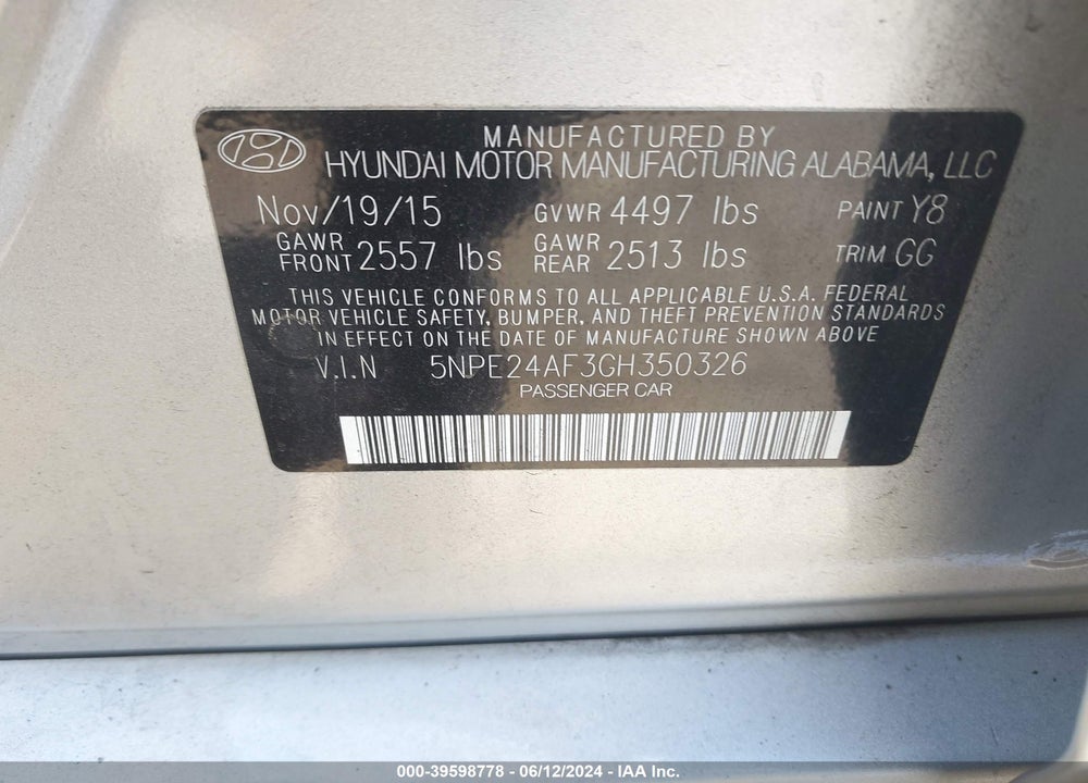 2016 HYUNDAI SONATA SE VIN: 5NPE24AF3GH350326