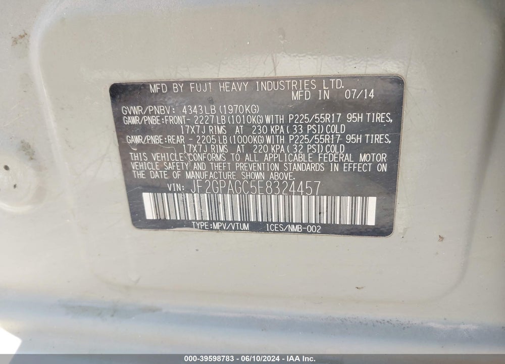 2014 SUBARU XV CROSSTREK 2.0I LIMITED VIN: JF2GPAGC5E8324457