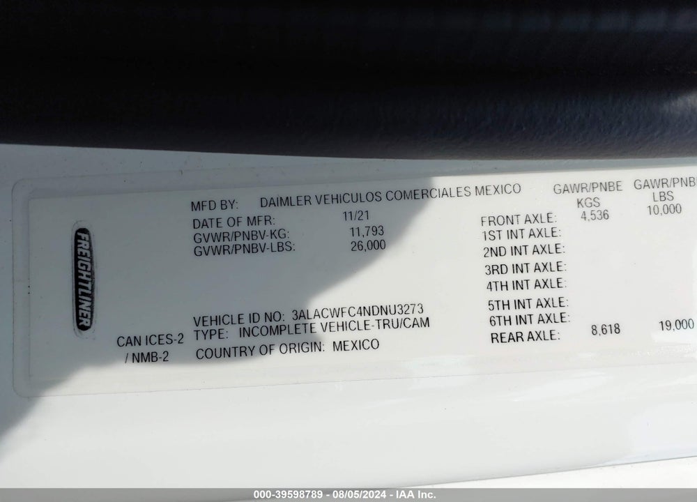 2022 FREIGHTLINER M2 106 VIN: 3ALACWFC4NDNU3273