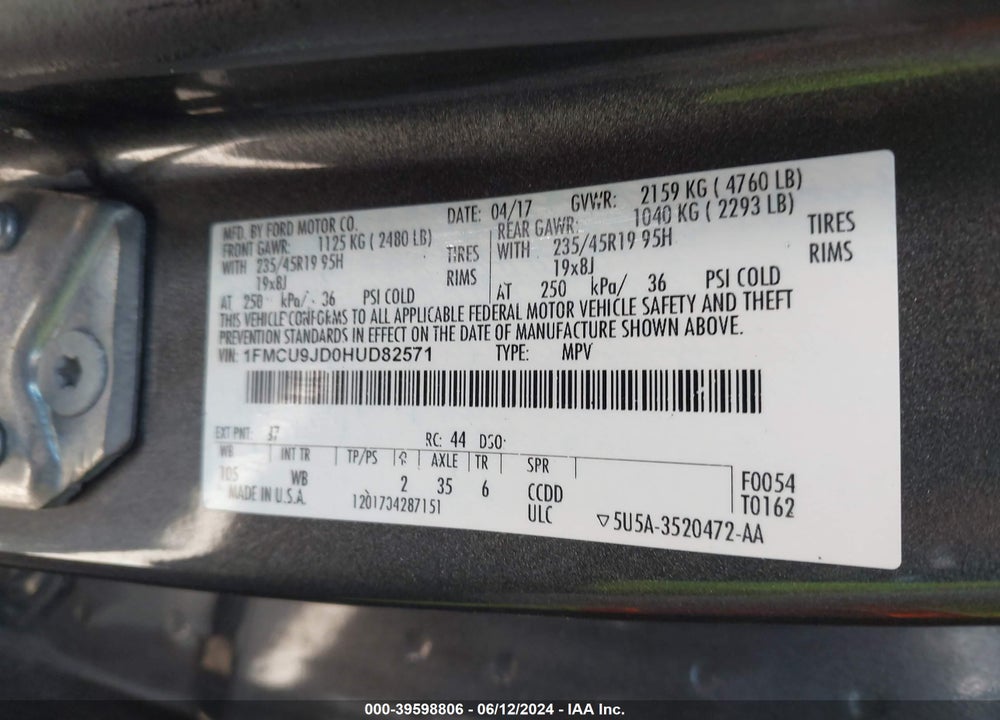 2017 FORD ESCAPE VIN: 1FMCU9JD0HUD82571