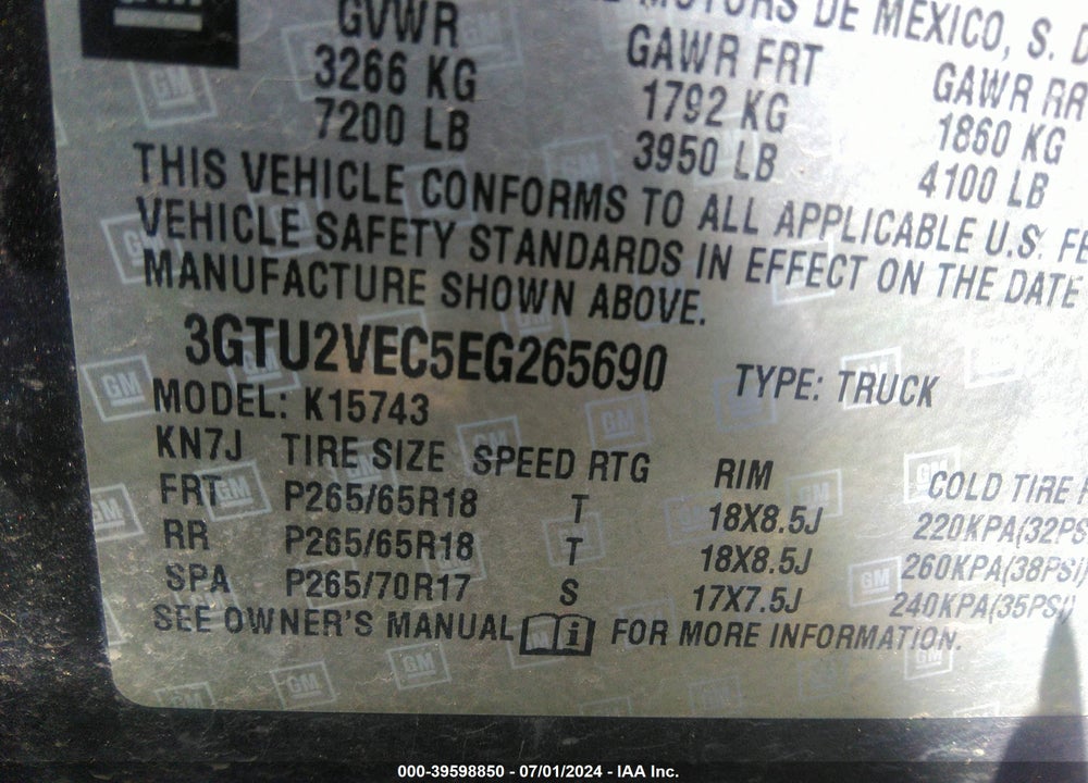 2014 GMC SIERRA 1500 SLT VIN: 3GTU2VEC5EG265690