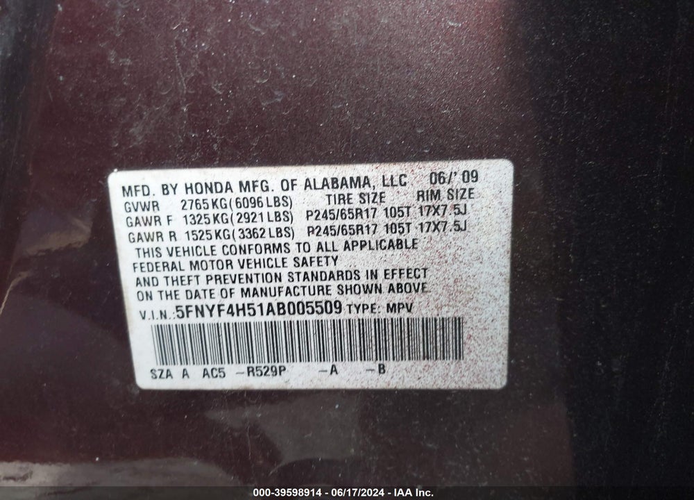 2010 HONDA PILOT EX-L VIN: 5FNYF4H51AB005509