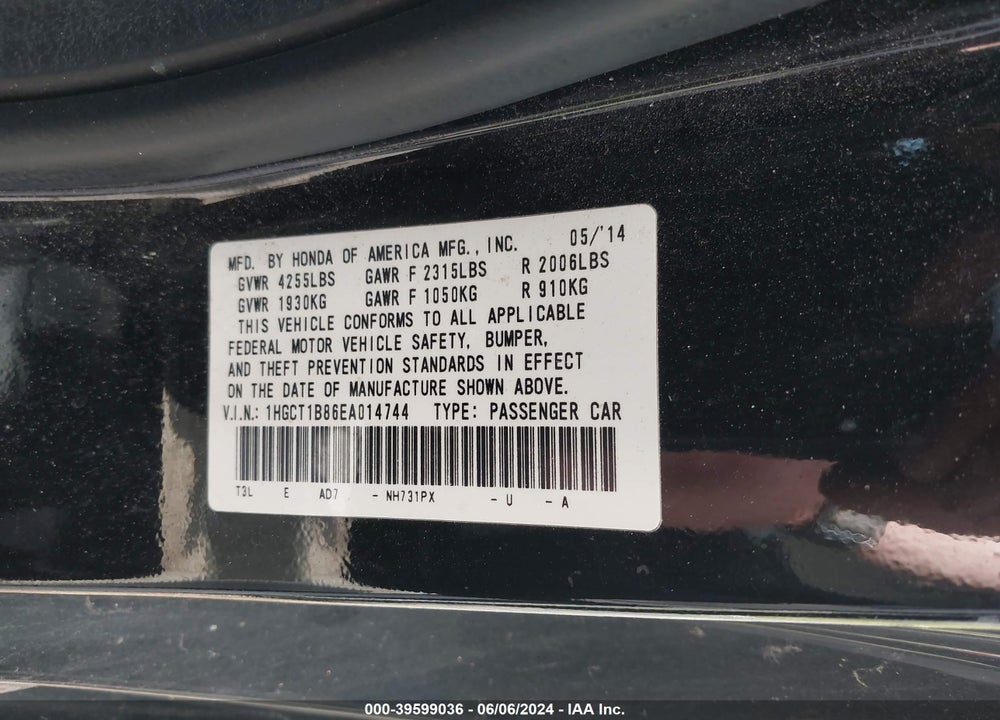 2014 HONDA ACCORD EX-L VIN: 1HGCT1B86EA014744