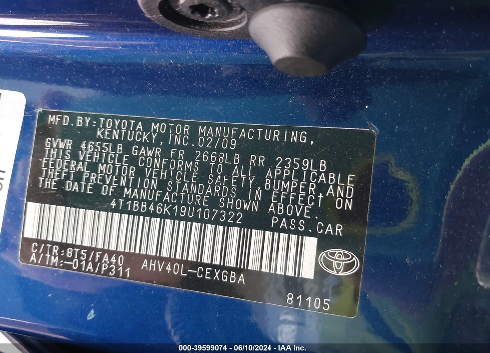 2009 TOYOTA CAMRY HYBRID VIN: 4T1BB46K19U107322
