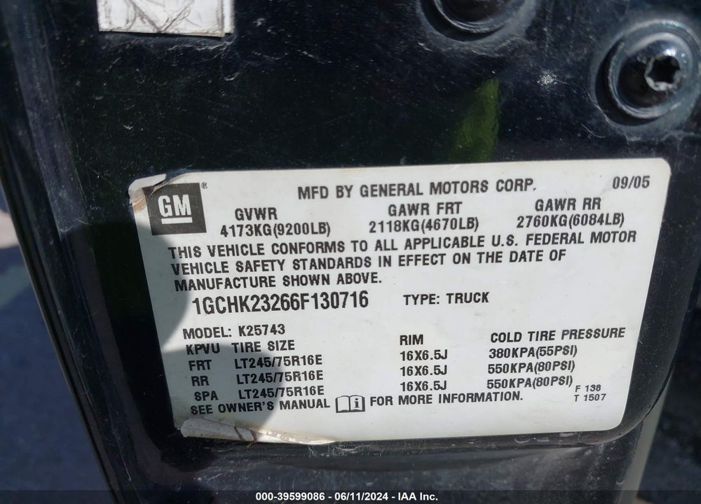 2006 CHEVROLET SILVERADO 2500HD LT3 VIN: 1GCHK23266F130716