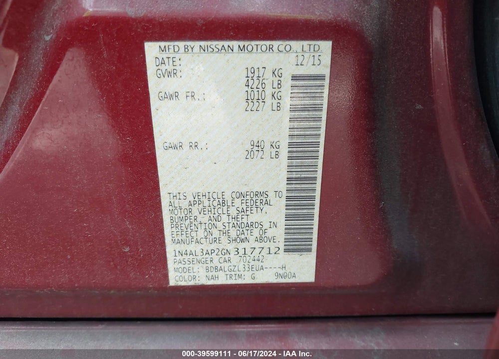 2016 NISSAN ALTIMA 2.5 S VIN: 1N4AL3AP2GN317712