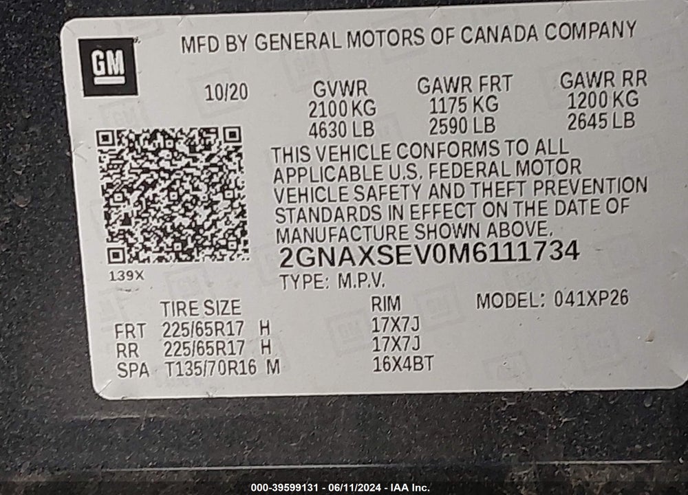 2021 CHEVROLET EQUINOX AWD LS VIN: 2GNAXSEV0M6111734