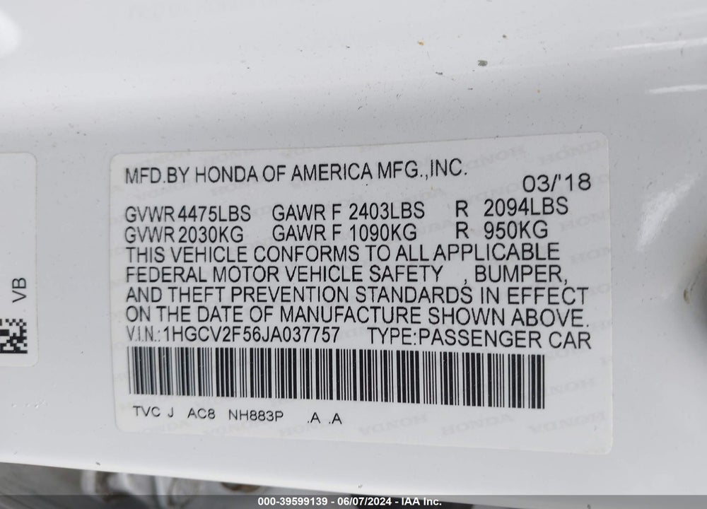 2018 HONDA ACCORD EX-L 2.0T VIN: 1HGCV2F56JA037757