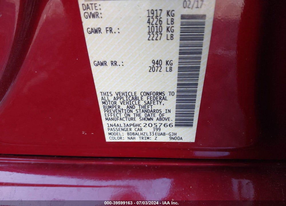 2017 NISSAN ALTIMA VIN: 1N4AL3AP6HC205766