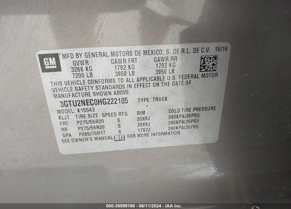 2017 GMC SIERRA 1500 SLT VIN: 3GTU2NEC0HG222105