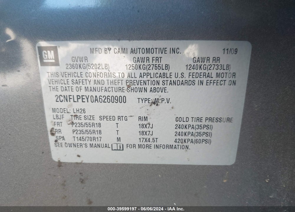 2010 CHEVROLET EQUINOX LT VIN: 2CNFLPEY0A6260900