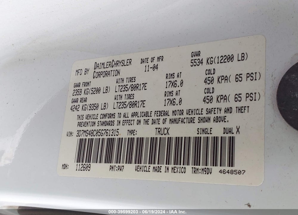 2005 DODGE RAM 3500 SLT/LARAMIE VIN: 3D7MS48C05G761315