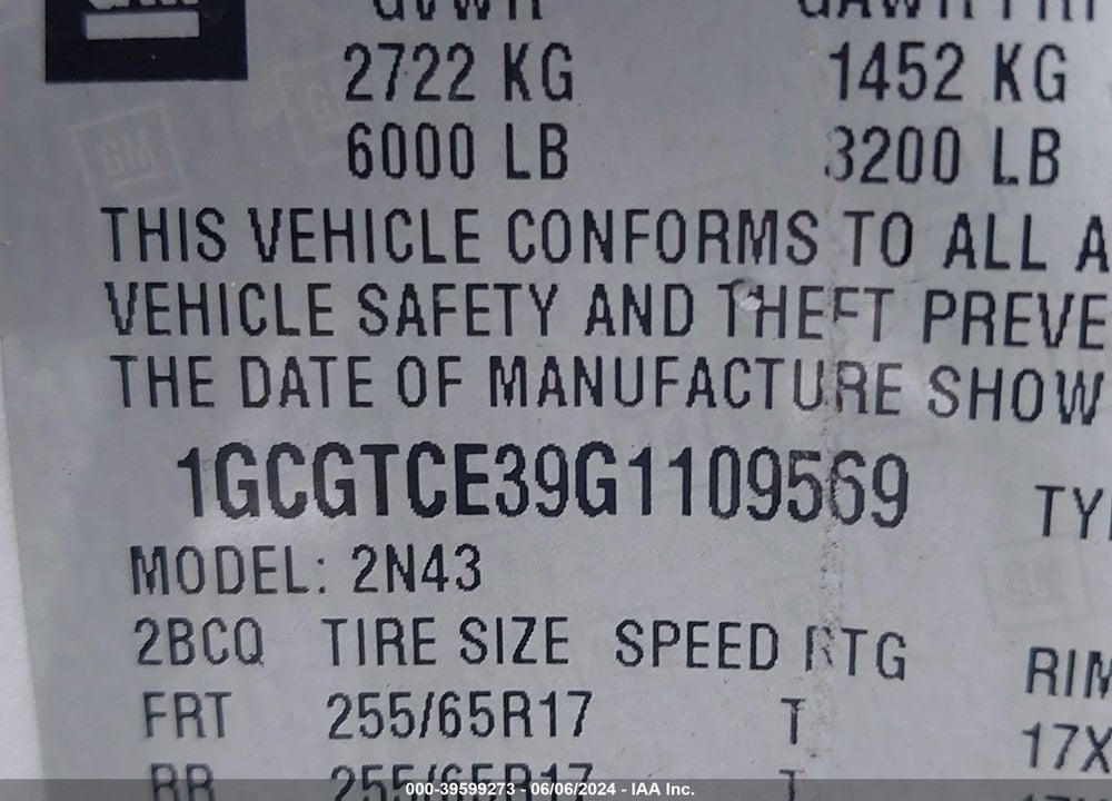 2016 CHEVROLET COLORADO VIN: 1GCGTCE93G1109569