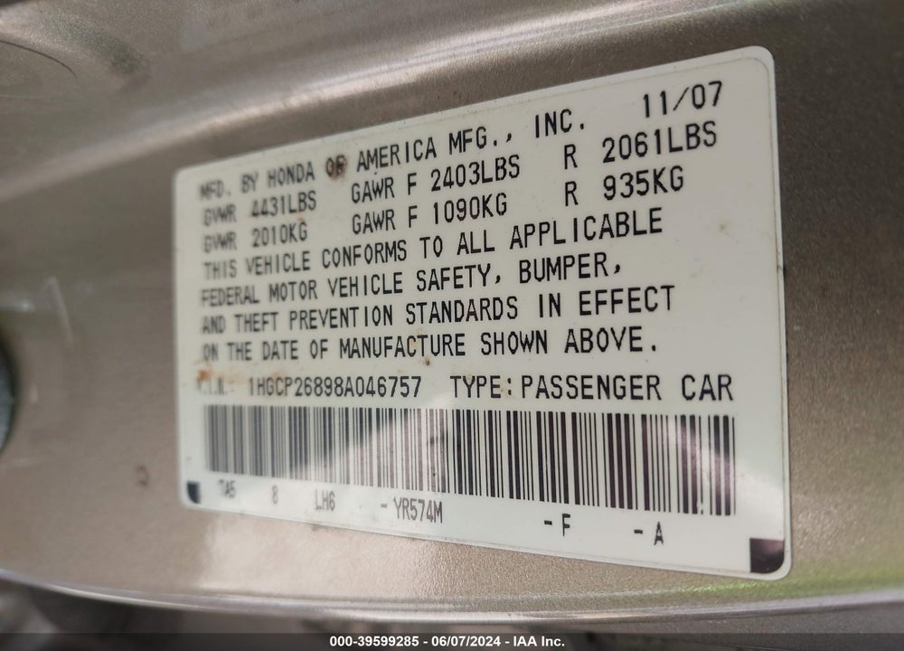 2008 HONDA ACCORD 2.4 EX-L VIN: 1HGCP26898A046757
