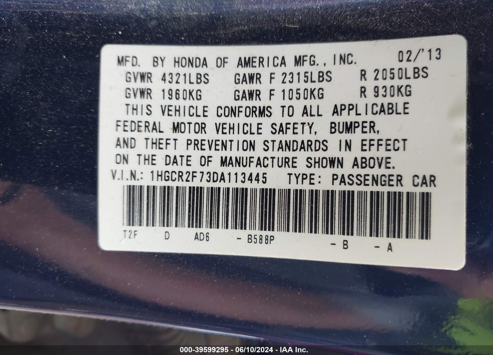 2013 HONDA ACCORD EX VIN: 1HGCR2F73DA113445