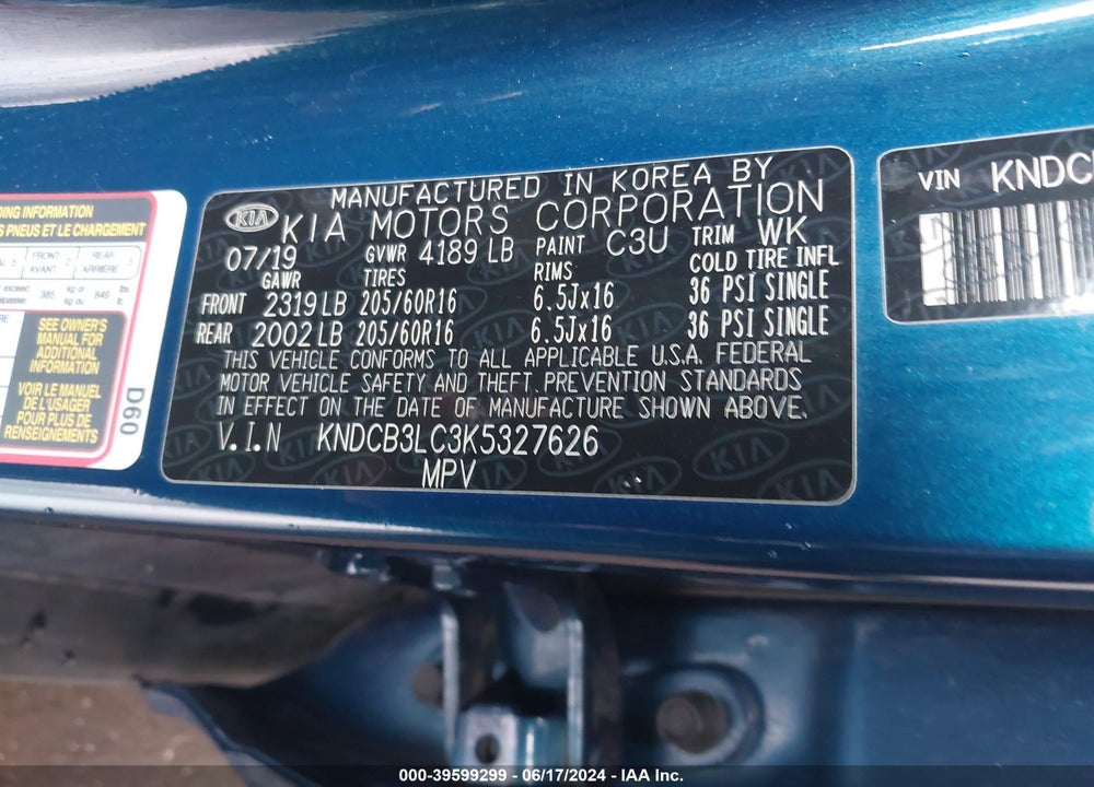 2019 KIA NIRO LX VIN: KNDCB3LC3K5327626