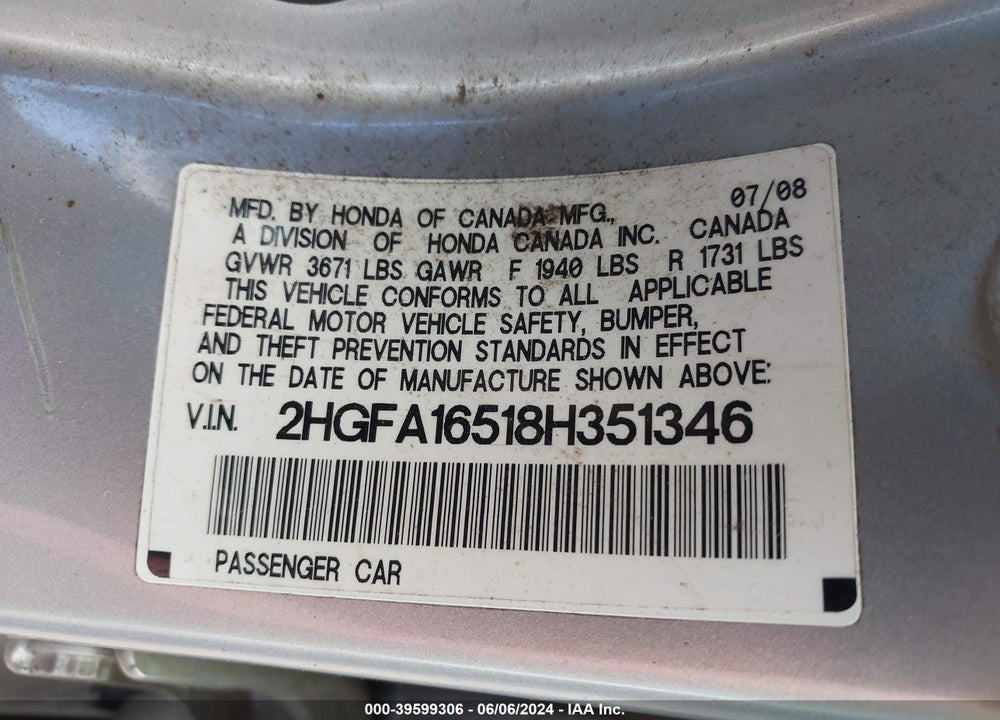 2008 HONDA CIVIC LX VIN: 2HGFA16518H351346