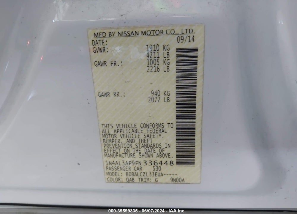 2015 NISSAN ALTIMA 2.5/2.5 S/2.5 SL/2.5 SV VIN: 1N4AL3AP9FN336448